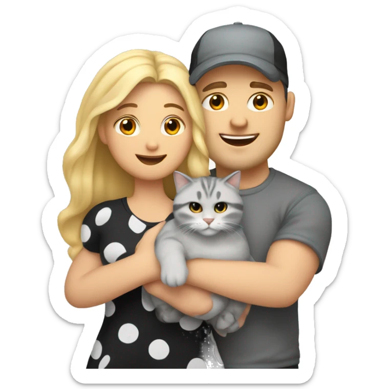 3 objects - a beautiful blonde with long hair and a polka-dotted dress, a bald handsome man in a cap and a rock T-shirt, and a fat gray cat with black spots. The man hugs the blonde and holds the cat in his hands.  sticker