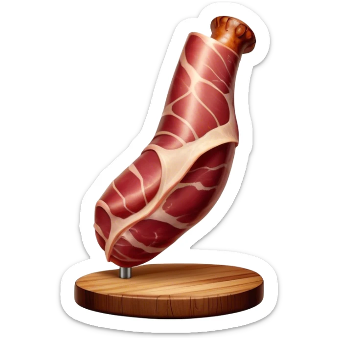 ​Cinematic Realistic Spanish Jamón Leg, depicted as a massive, cured leg of Jamón serrano (ham) with a deep reddish-brown hue, intricately marbled and slightly glossy with age, elegantly displayed on a rustic wooden stand and bathed in warm, soft lighting that accentuates its artisanal heritage, sticker