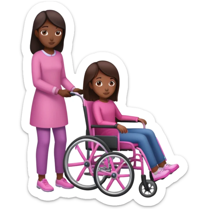 One dark brown sister pushing her brown sister in a pink wheelchair sticker