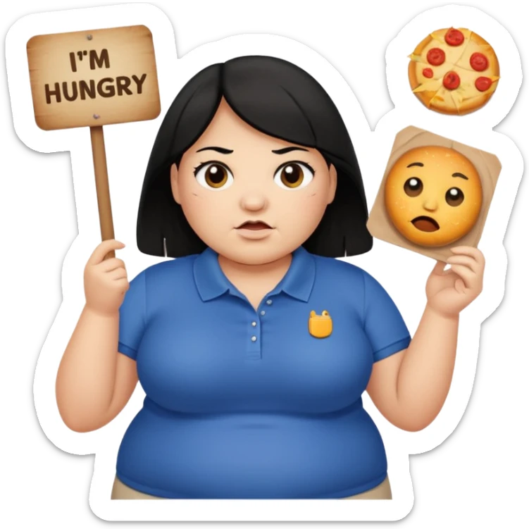 Una señora gorda con cabello negro y p olo corto con un letrero de tengo hambre sticker