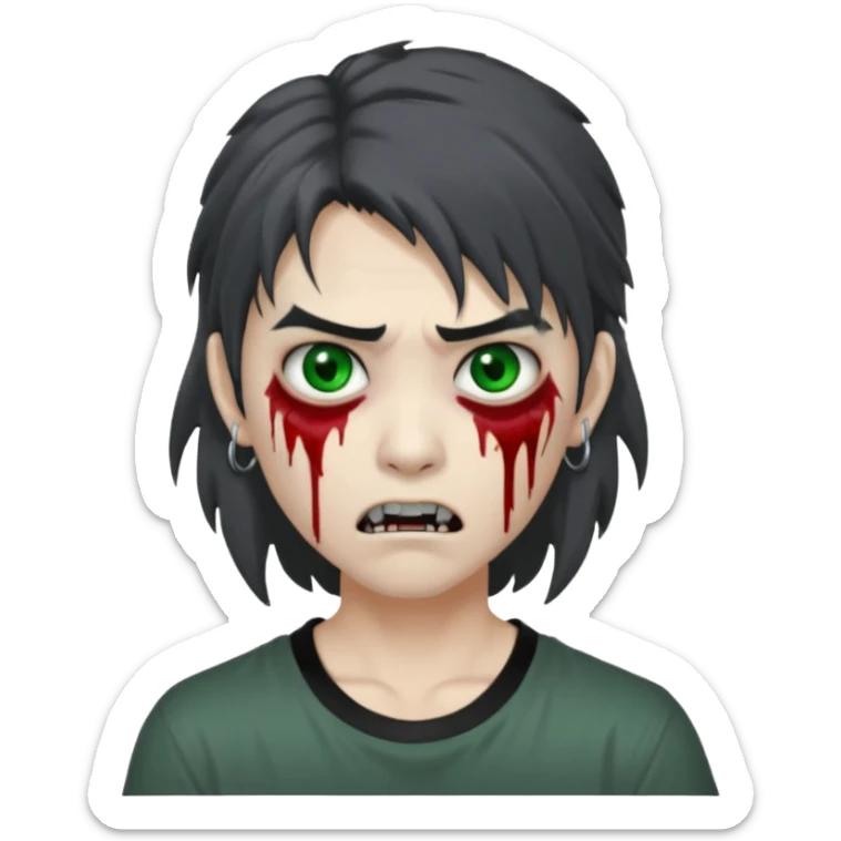 3D emoji-style avatar with grey zombie skin, dark brown hair, a young Asian face, and large green eyes with blood tears. Give it white litle bit messy mullet hair style , silver hoop earrings, and a plain black T-shirt. The face expression should be slightly angry, with vampire fang sticker