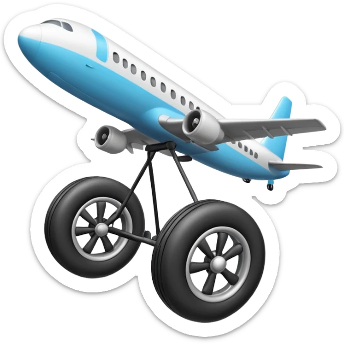 Emoji-style airplane landing gear with a single inflated, puffy wheel and a strut, cartoon-like, 3D, soft rounded shapes, clean lines, isolated on white background, minimal shading, emoji aesthetic sticker