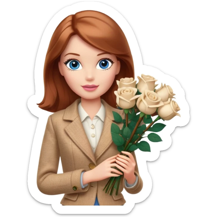 A Barbie girl with blue eyes, shoulder-length reddish-brown hair, made-up, wearing a beige tweed jacket and a beige skirt, with a bouquet of 9 white roses sticker