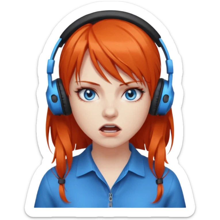 A woman with dark orange hair and bangs, blue eyes, an asmr streamer, angry, sticker