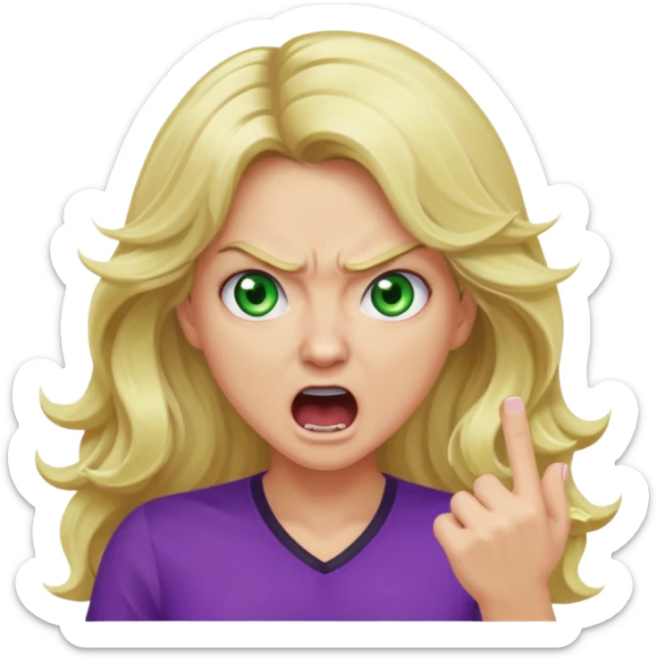 lady with long wavy blonde hair, purple top, green eyes, shouting and looking very angry sticker