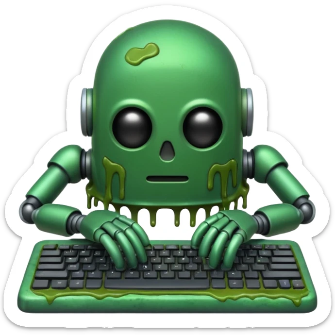 An emoji of a green robot melting away covered in thick green sludge sad and depressed, crawling out of a keyboard.  sticker