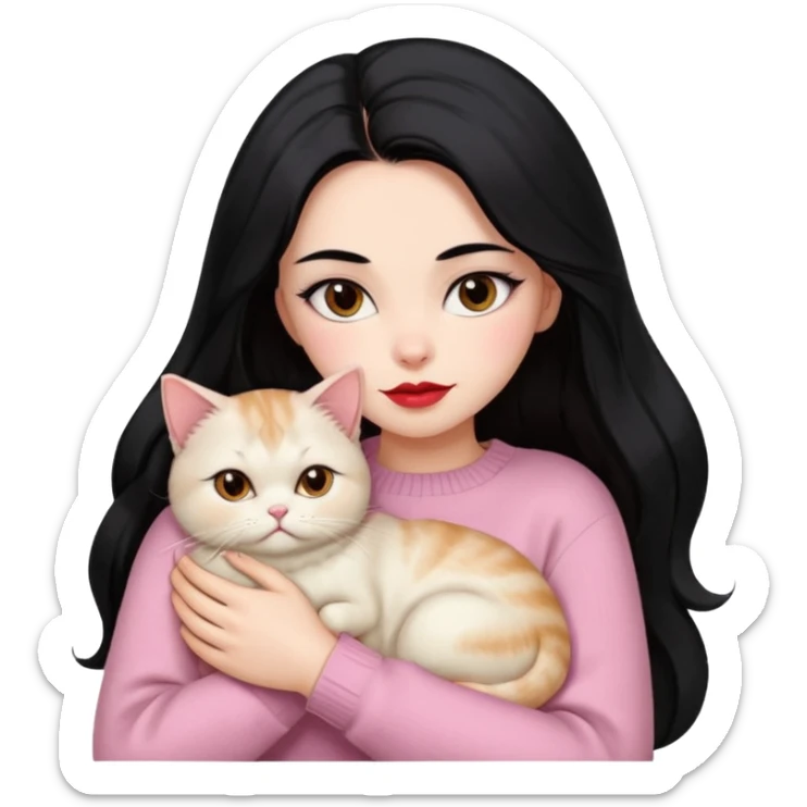 Beautiful Girl Long Hair black, Brows Big , Skin White, Sweater Pale Pink , Big Red Lips, Eyes marron , Hug Little baby Persa Cream Cat With Cute Eyes sticker