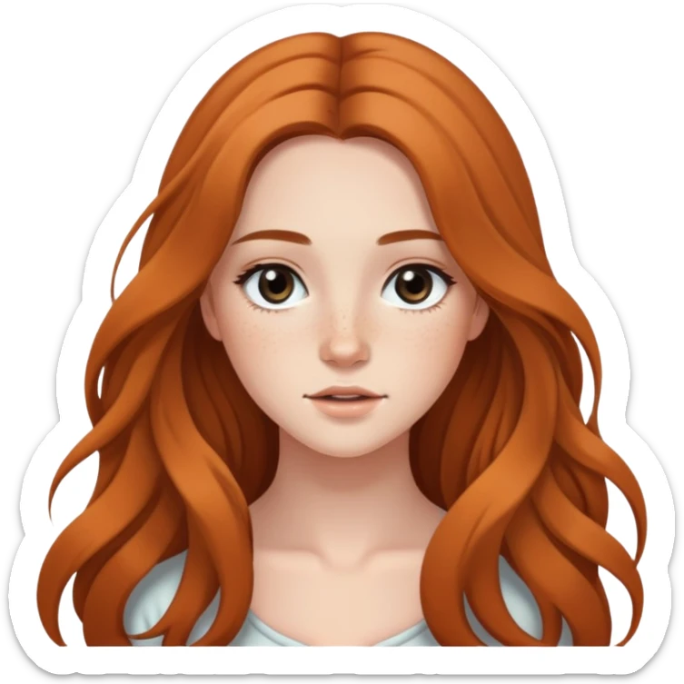 young woman with flowing long hair, dark black eyes, natural makeup, and cute freckles sticker