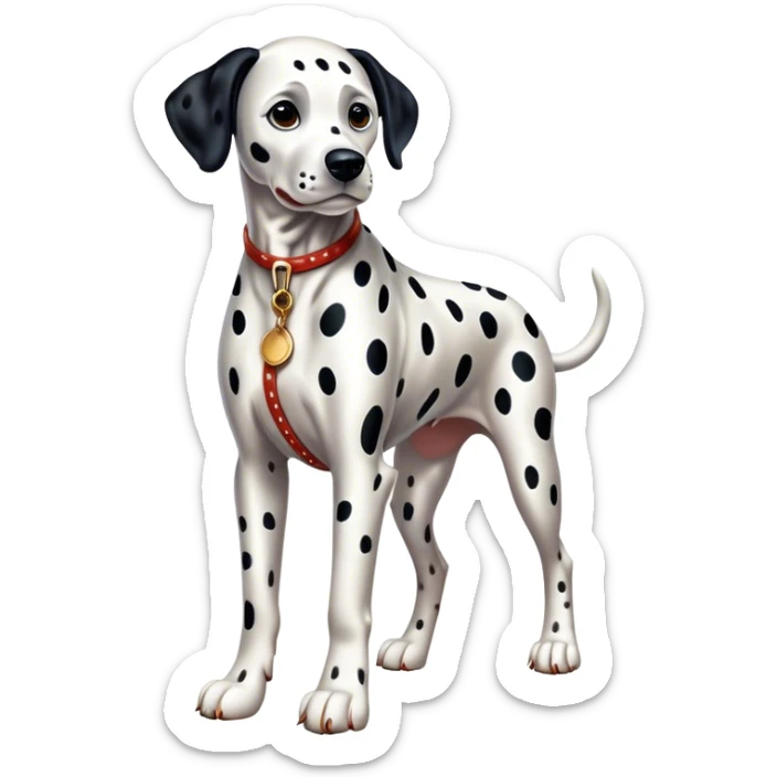 Cinematic Realistic full-body portrait of a Dalmatian dog, rendered with glossy, meticulously detailed spotted fur and expressive, alert eyes, set against a clean, neutral backdrop that highlights its regal and athletic stance. sticker