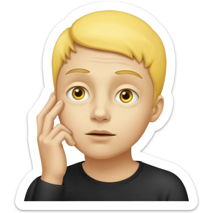 person tipping hand emoji, yellow face, eyes looking up, hand on chin, thinking expression sticker