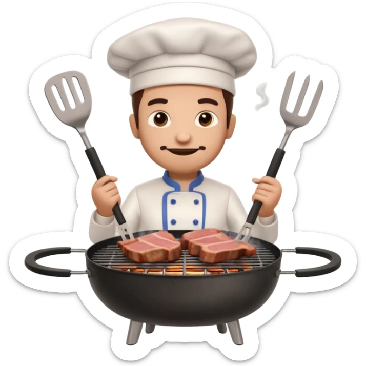 A 3D cartoon cook flipping meat on a grill with tongs, gentle smoke effect, Memoji-style lighting. sticker
