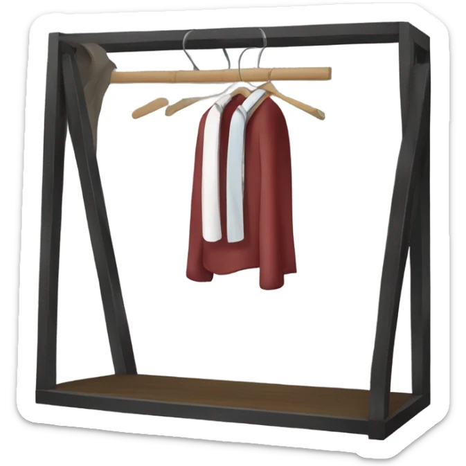 Design an emoji-style icon of an open wardrobe with clothes hanging inside. Include details like a wooden frame, hangers, and black clothing items such as shirts or any other clothing . Use a clean and minimalistic design. sticker