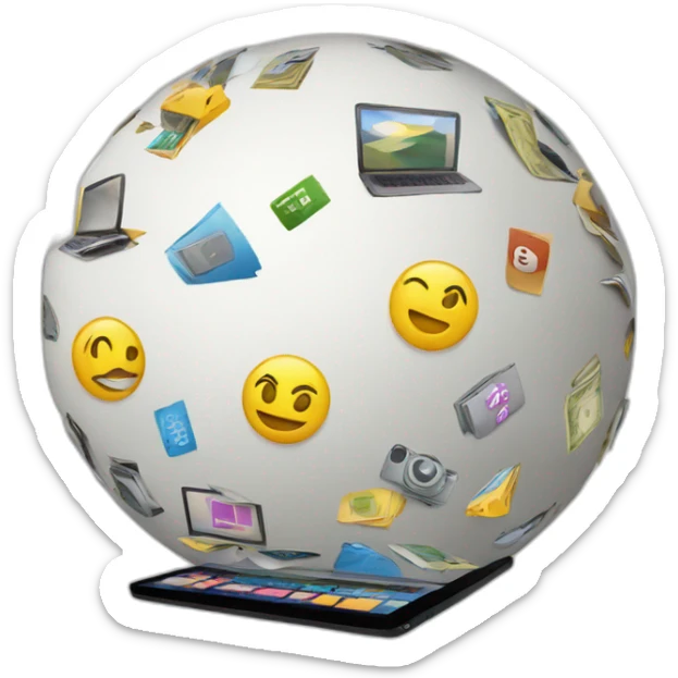 a sphere of small emojis of camera, laptops, dollar signs, people, paper, iphone,  sticker