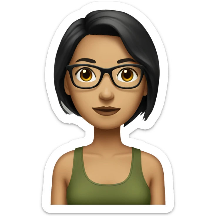 white skined woman with straight black hair with a olive green tank top with glasses tortoise  sticker