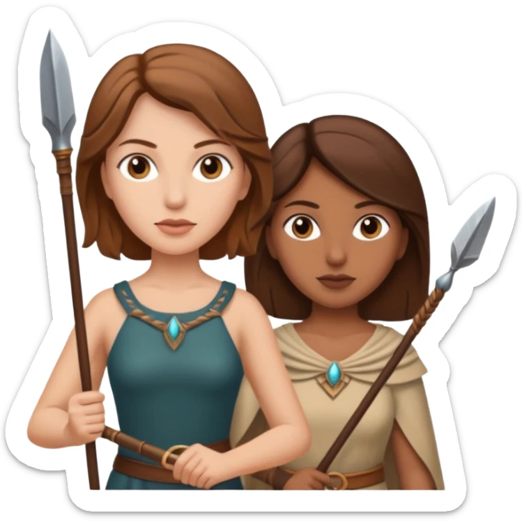 white woman with brown hair and brown woman with brown hair both holding spears sticker