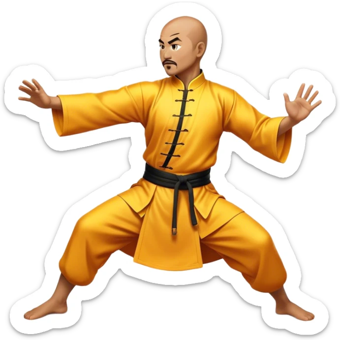 Cinematic Realistic Kung Fu Action Emoji, depicted as an epic martial arts scene with a master executing a precise move in traditional attire, rendered with fluid motion and vibrant textures under dramatic high-contrast lighting. sticker