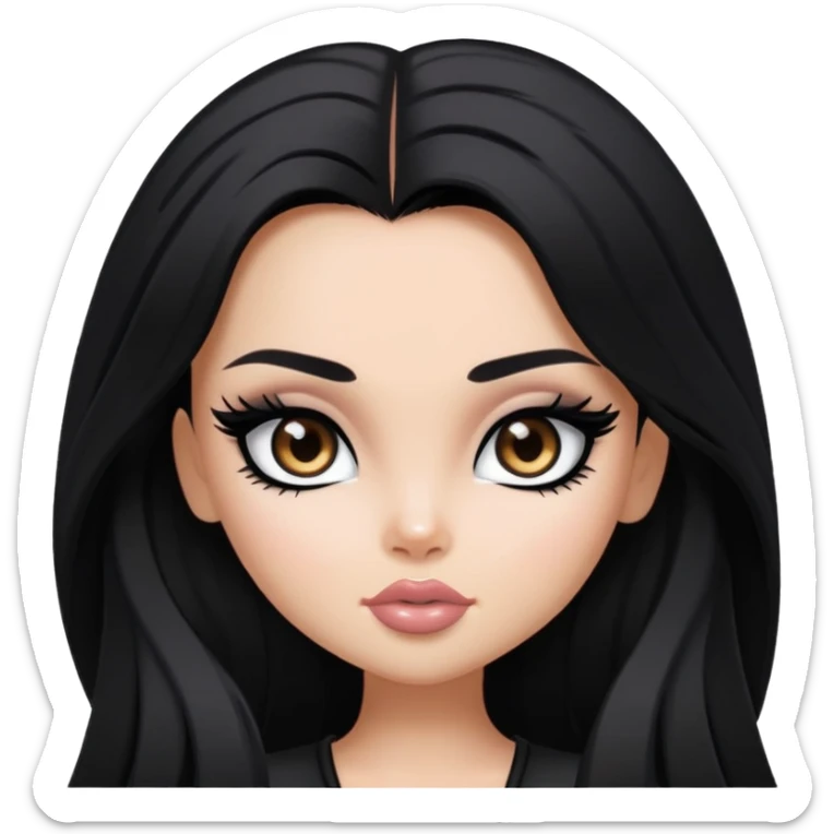 pretty bratz baddie, jet-black long hair, black eyeliner, medium white skin, dark brown eyes sticker