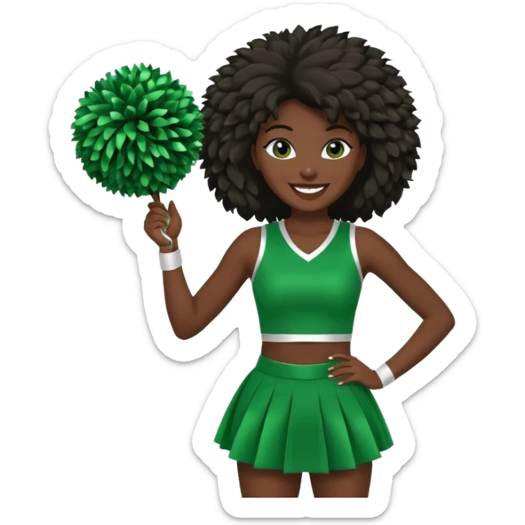 football cheerleader, holding a cheering pom, green dress and black skin sticker