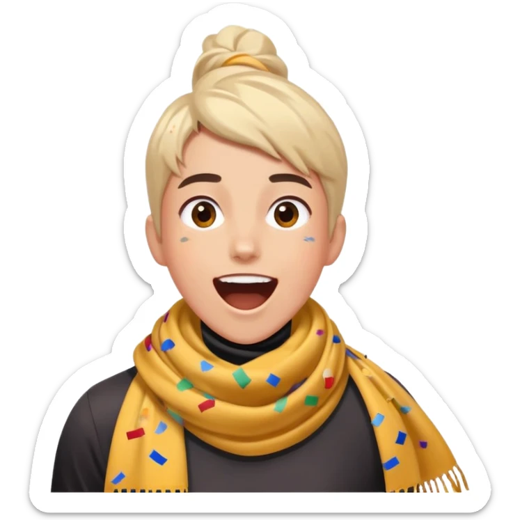 person with a sports scarf, excited expression, confetti in the air sticker