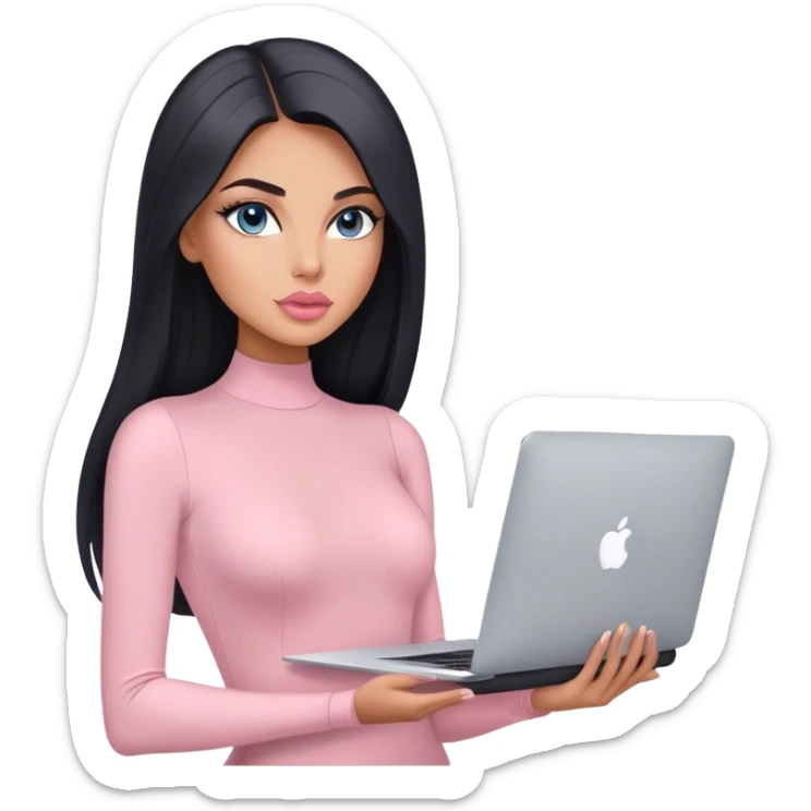 Glamours, tanned, very beautiful girl, with big pump peach-beige-rose lips, black straight smooth silky long hair, straight parting, blue-grey eyes, in light-pink bodysuit holding MacBook sticker