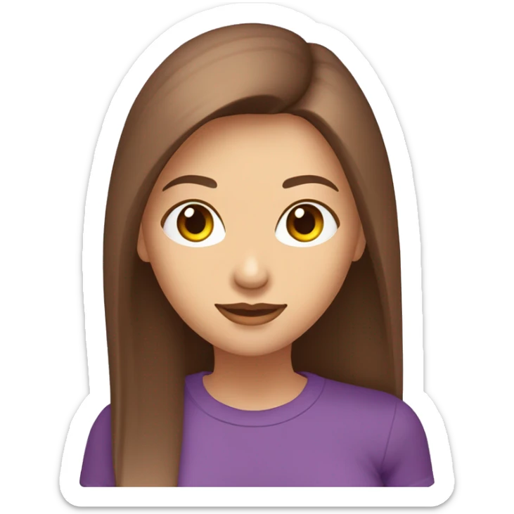 Femme aux cheveux longs châtains lisse avec peau claire avec les yeux verts et marrons avec un t-shirt violet sticker