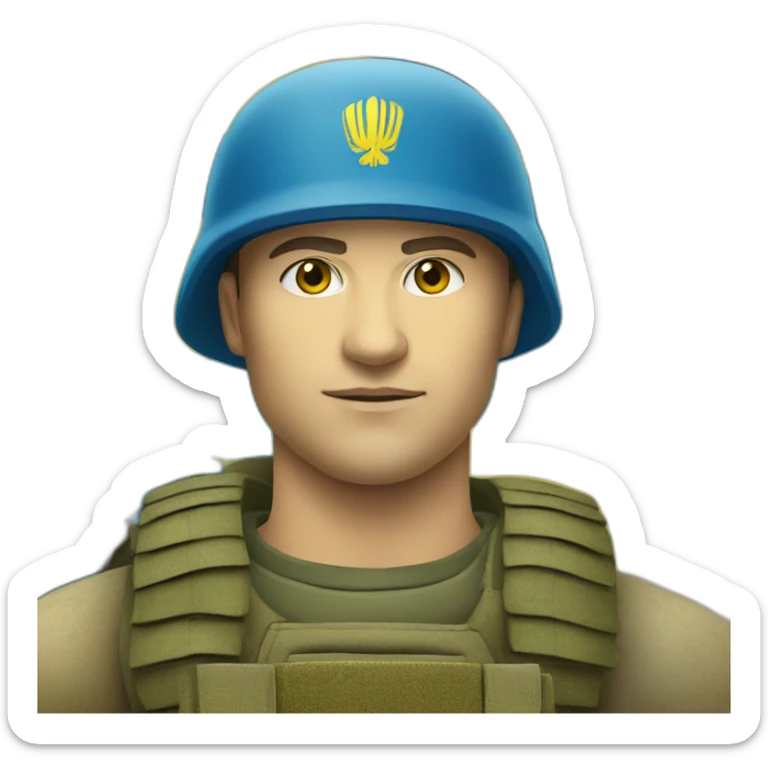 Ukrainian soldier against the background of the Ukrainian flag in yellow and blue sticker