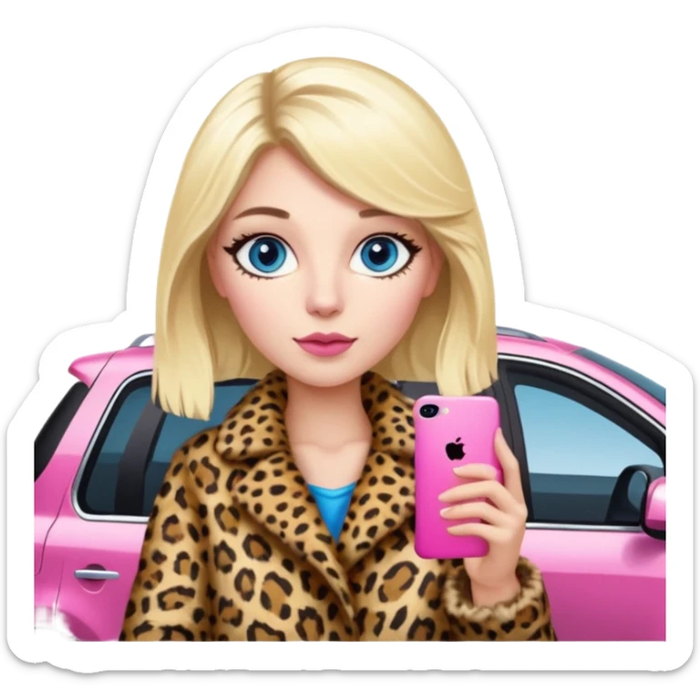 a blondie queen Arina in a leopard fur and pink iPhone on her kia Sportage car. blue eyes sticker