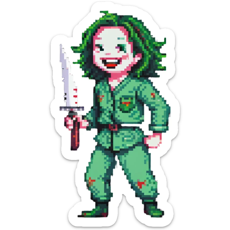 pixelated savage person in 1988 fashion with neon colors, holding knife, wicked laugh sticker