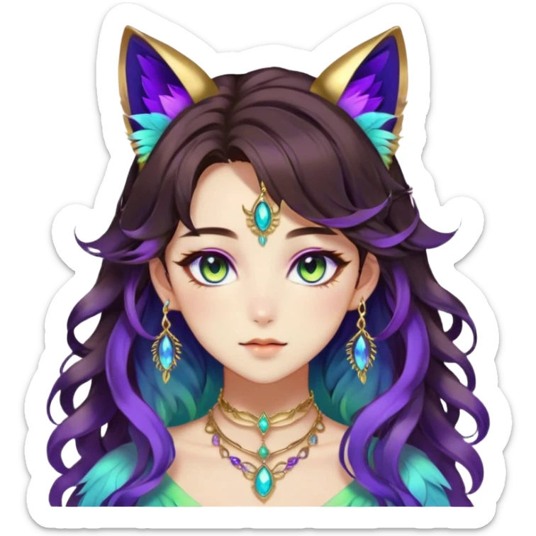 Beautiful gorgeous anime lady with beautiful dark-brown-wavy-special-hair, fashion aesthetic, ethereal, violet feather in hair, accessories, gold jewelries, gold, colorful, feline ears, colorful hazel-green-blue-gradient eyes sticker