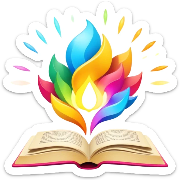Un libro con un aura de colores vibrantes, con destellos dorados flotando a su alrededor,  un rayo de luz atravesándolo, simbolizando la explosión de creatividad sin miedo. book of creative power  sticker