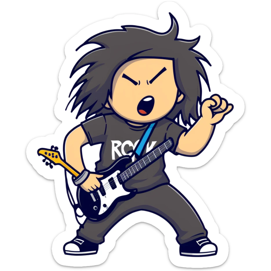 A metalhead headbanging with long hair, wearing a rock band t-shirt, excited expression sticker