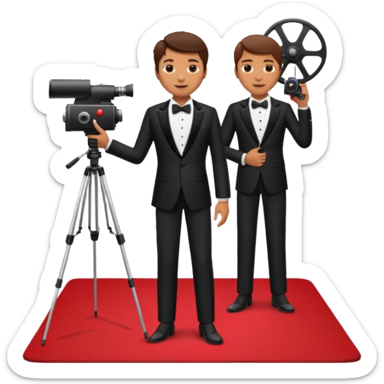 an actor standing on a red carpet with a formal tuxedo, with only one movie camera on a tripod next to him. sticker