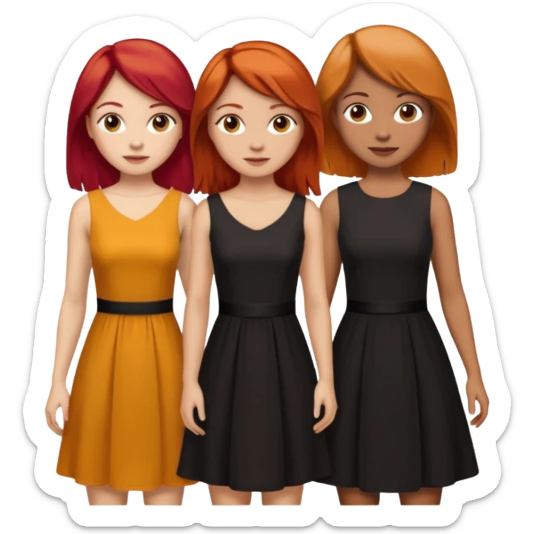 Can you create an image of 3 friends together one with red bright hair light skin one the other with brown hair with some blonde highlights in the hair fair skin the last one with light brown a tint of orange hair and black long hair with brown with dresses dark hair on one of the girls  sticker
