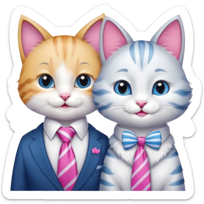 happy girl cat with bow and eyelashes wearing a bright necktie next to happy boy cat wearing a striped necktie, both cats smiling together sticker
