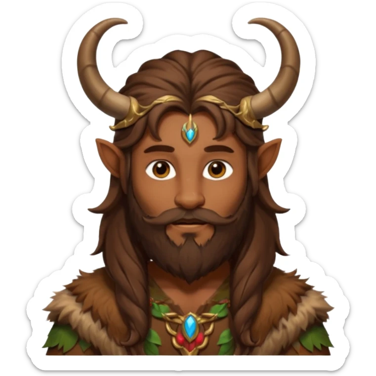Pan, God of the Wild from Gods and Goddesses with long brown hair and beard, brown fur outfit and horn sticker