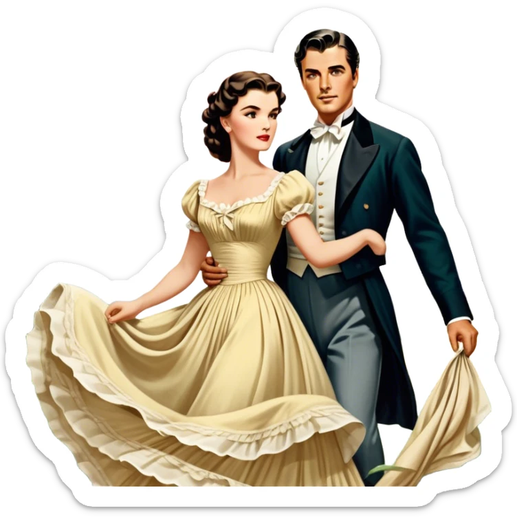 Icon for Romance Movie: A vintage movie poster-style design inspired by Gone with the Wind. Include romantic, sweeping imagery like Scarlett O'Hara in a flowing dress, Rhett Butler, a plantation backdrop, and fluttering wind-blown fabric. Soft, nostalgic cinematic feel. Transparent background. sticker