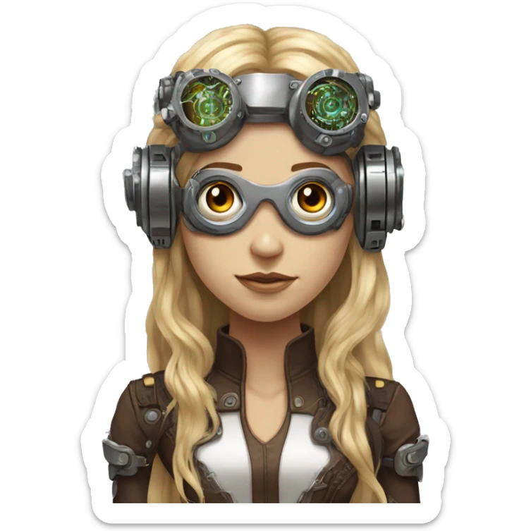 Brown long hair with blonde steaks female cyborg head, fair skin, steampunk goggles and circuits sticker
