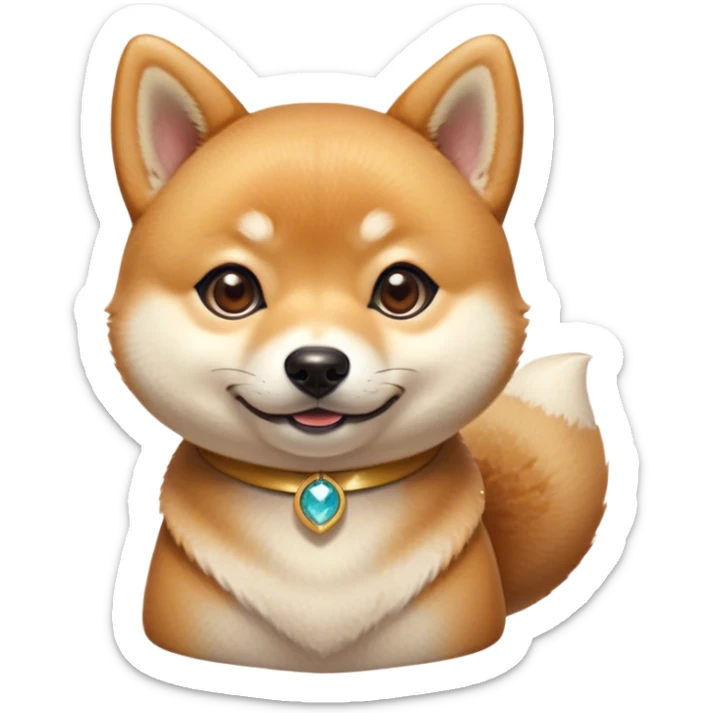 Cinematic Cute Shiba Inu Portrait Emoji, Head tilted playfully and inquisitively, featuring a richfur with a creamy underbelly and perky ears, round, sparkling brown eyes filled with curiosity, Simplified yet irresistibly adorable features, highly detailed, glowing with a warm, friendly glow, high shine, affectionate and lively, stylized with a touch of whimsy, bright and endearing, soft glowing outline, capturing the essence of a mischievous yet loving pup, so playful it feels like it could leap out of the screen and into your arms! sticker