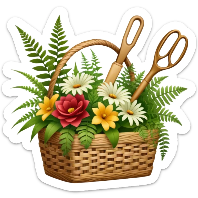 Emoji for Floristry: a bouquet of flowers in a woven basket, with reeds, ferns and floral arranging tools nearby, like scissors and a flower stem. The icon should represent creativity in flower design and arranging. Transparent background. sticker