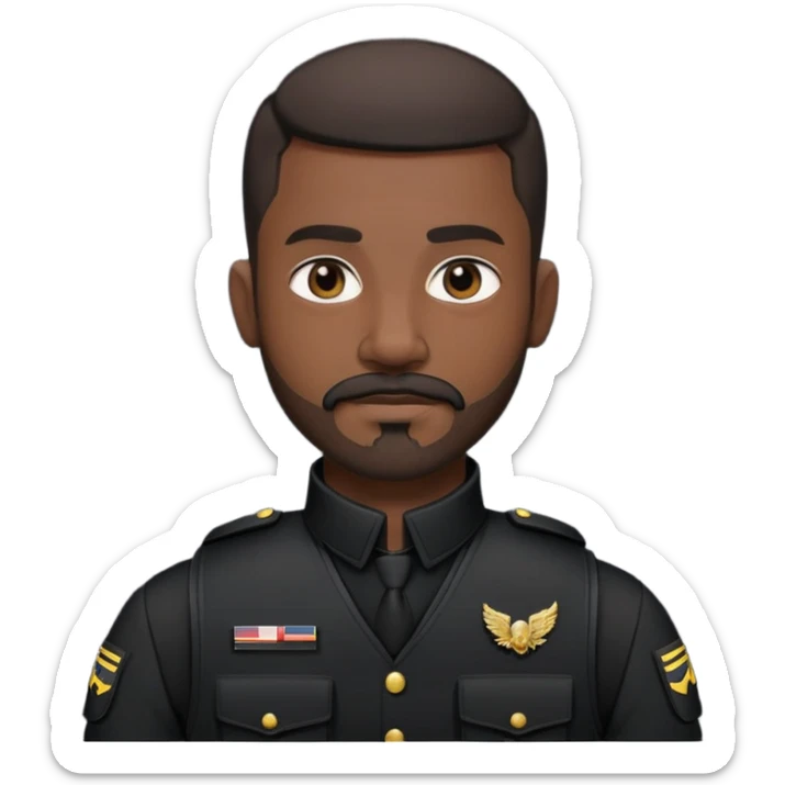 black soldier very short hair, short beard that connects seamlessly to his mustache,  in black bulletproof vest, black uniform sticker