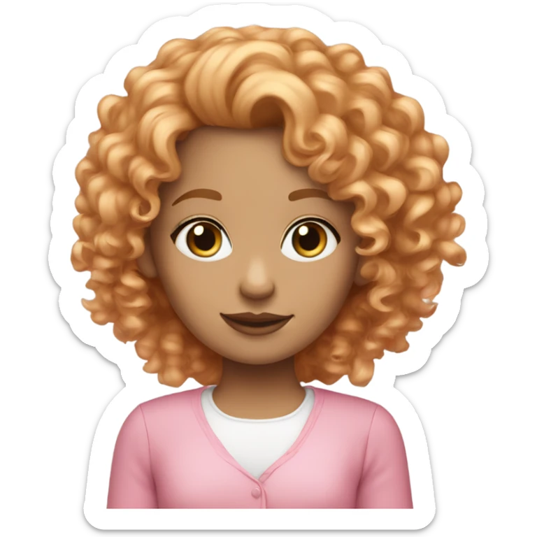 Blue eyed girl with strawberry blonde curly hair dressed in pink sticker