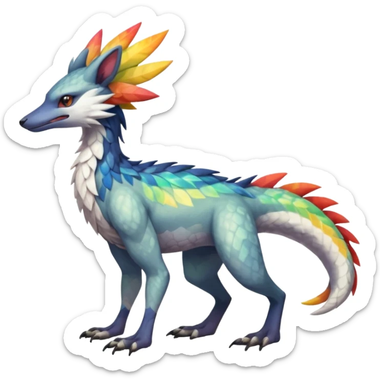 Colorful Fruity Iridescent Warm-colored Tropical Exotic Vernid-Sergal-Trico-Silvally-Nargacuga-fusion-hybrid-animal-creature, full body sticker