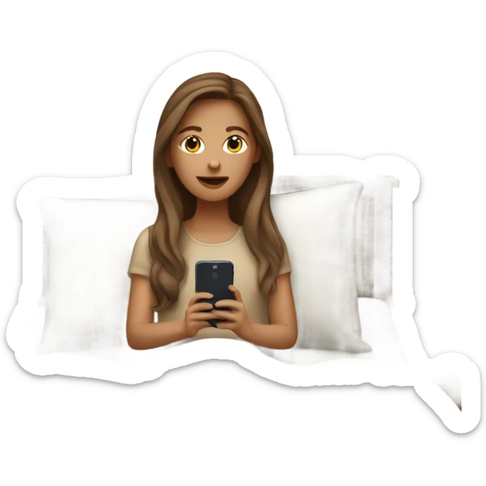 white girl with long brown hair in a bed with beige comforter on her phone sticker