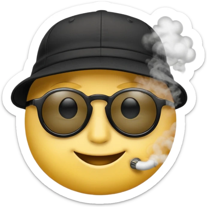 A high-res yellow face emoji with black sunglasses and a backwards black cap, smirking with half-lidded eyes and exhaling soft gray-white smoke, with detailed shading, glossy lenses, and realistic smoke wisps. sticker