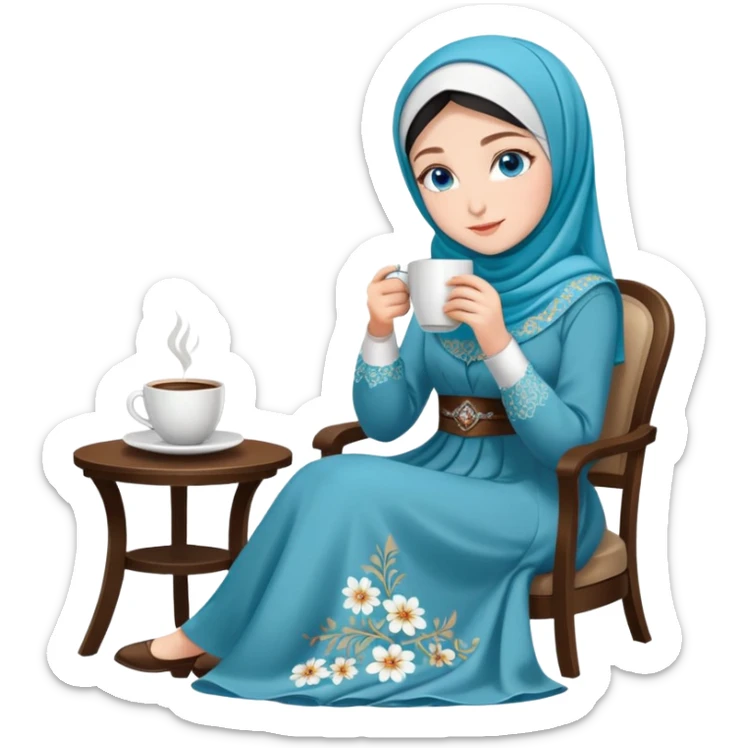 Turkish beautiful finish Konya girls blue eyes with floral Beauty hijab long tail dress and the two friends sits on the chair on the ground and holds cup coffe with her hand  sticker