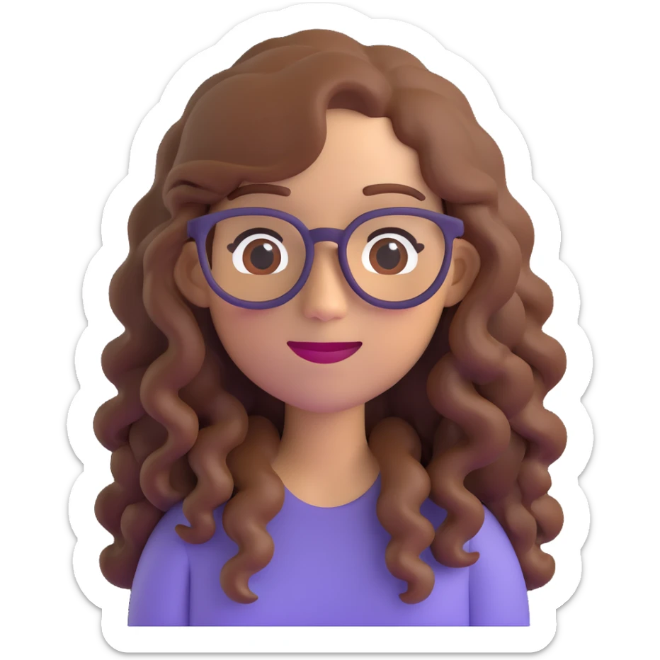 woman with long curly brown hair and eyeglasses, 3D emoji style sticker