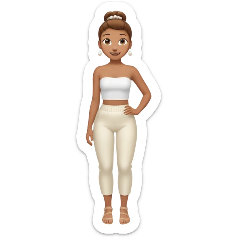 Full body Light brown skin girl, brown hair in bun, smiling, white tube top, pearl earrings sticker