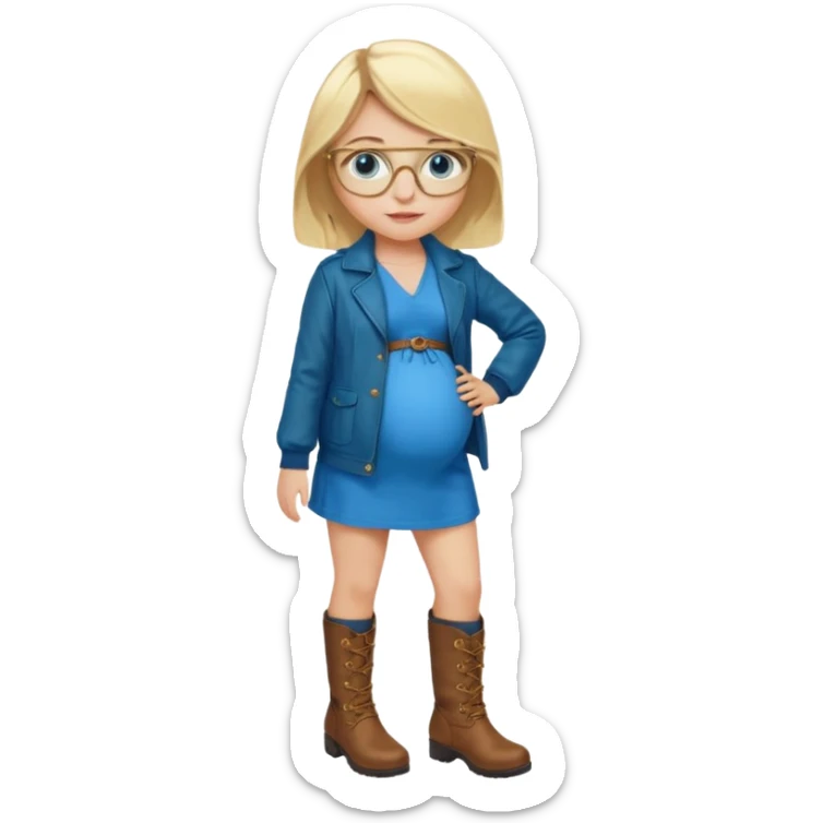 18 year-old pregnant blonde girl with golden glasses with blue eyes in a bright blue dress and a dark green jacket and brown boots sticker