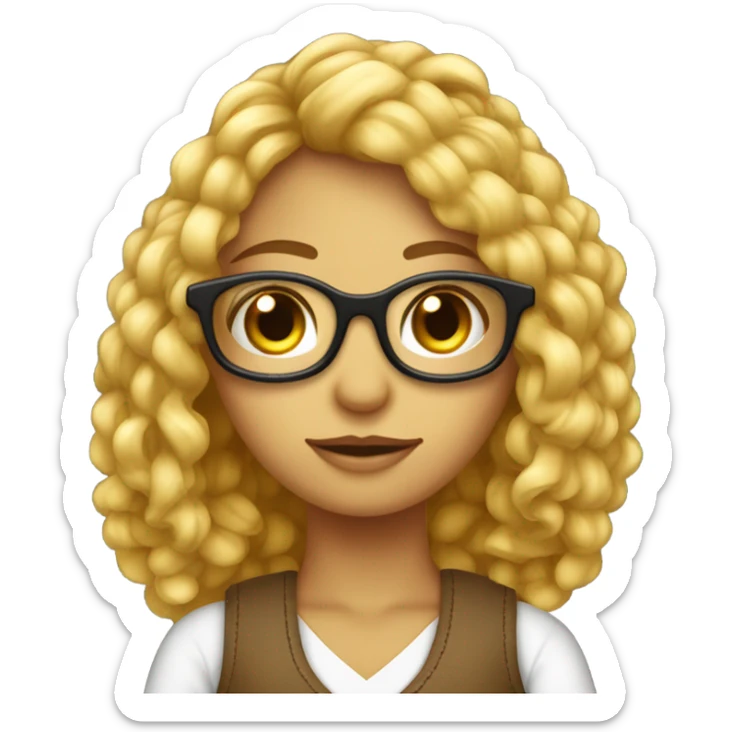 Ragazza con i capelli ricci, gli occhiali dorati che lavora all’uncinetto sticker