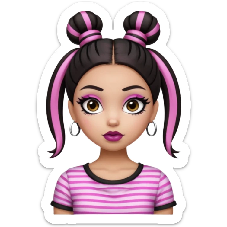 generate a pretty fair bratz girl with dark brown eyes. Dark brown hair straight hair with pink highlights tied into buns.  eyeliner. black lipstick. Black and white striped top.  sticker